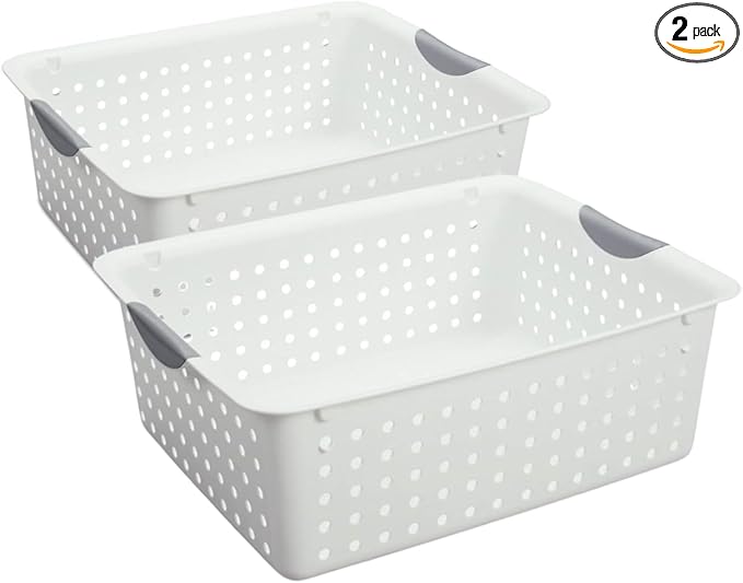Large Ultra Basket, Open Storage Bin to Organize Closets, Cabinets, Pantry, Shelving and Countertop Space, White, Pack of 2