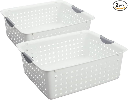 Large Ultra Basket, Open Storage Bin to Organize Closets, Cabinets, Pantry, Shelving and Countertop Space, White, Pack of 2