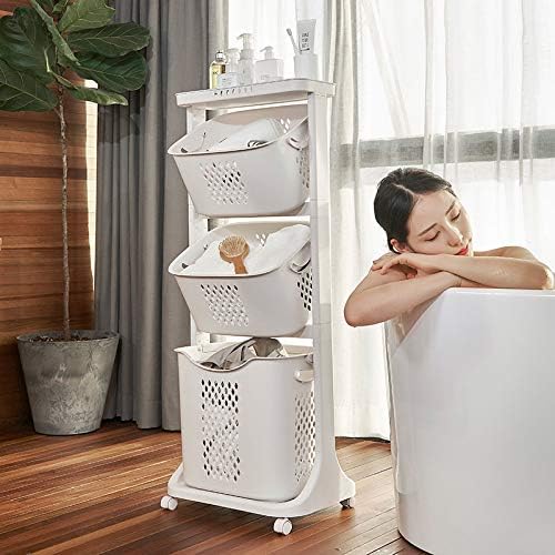 Manskskim Bathroom Laundry Basket 3 Layer Clothes Storage Basket Household Kitchen Shelf Fruit Stand Bathroom Simple Storage Shelf with Wheels