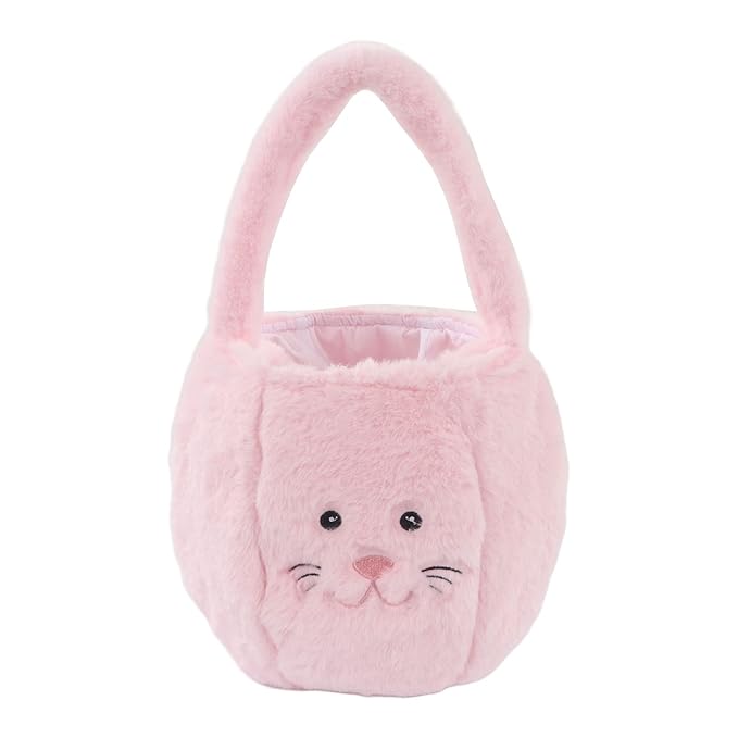 Plush Easter Bunny Basket, Children Easter Basket, Cute Cartoon Bunny Bag with Long Ears, Soft Plush Easter Egg Collector for Kids Easter Party Gift (Pink)