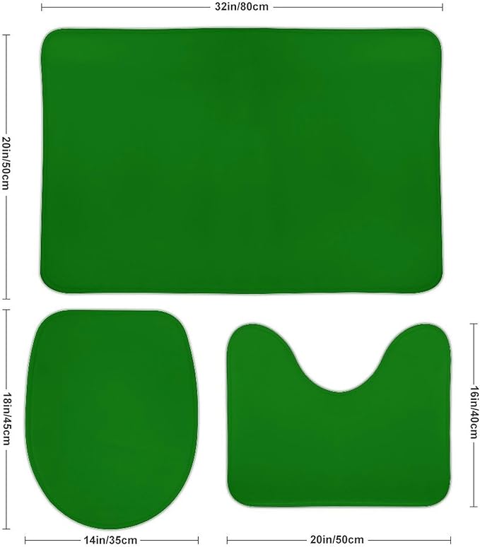 3 Pieces Bath Rug Sets, Solid Green Trend Color Bathroom Mat Set Non Slip U Shaped Contour Rug & Toilet Lid Cover