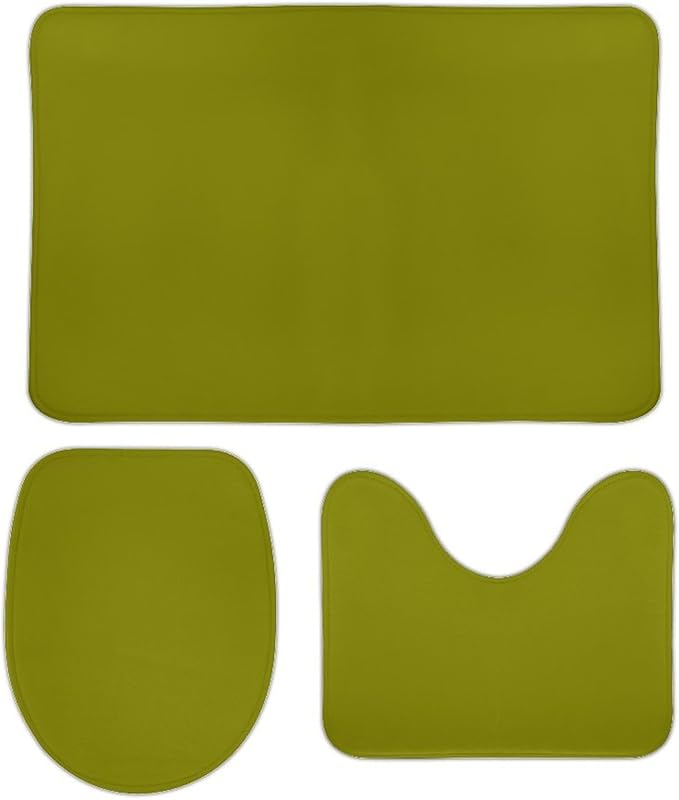 3 Pieces Bath Rug Sets, Olive Green Color Bathroom Mat Set Non Slip U Shaped Contour Rug & Toilet Lid Cover