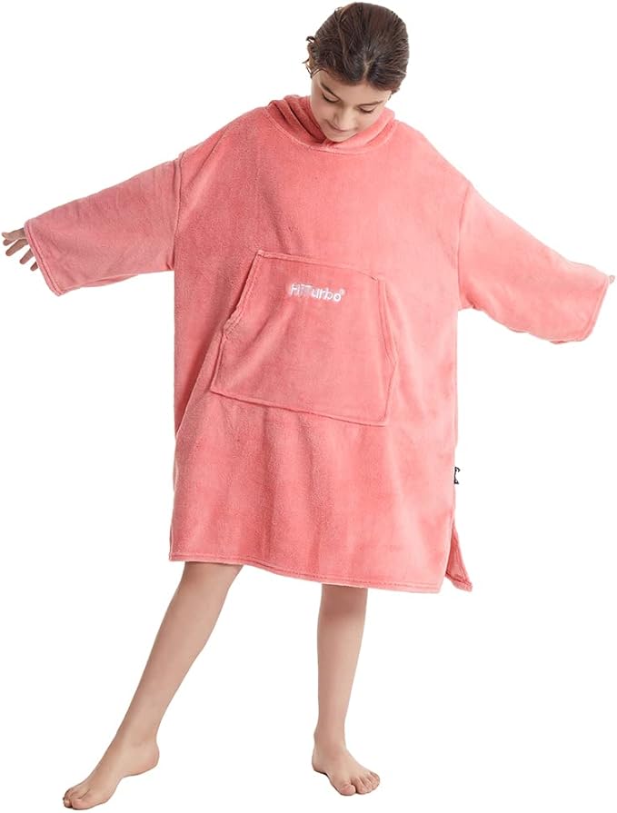 Hiturbo Kids Towel Changing Robe: Soft Plush Wearable Blanket - Warm Coral Fleece Hoodie - Swim Surf Poncho for 5-12 Years (Pink)