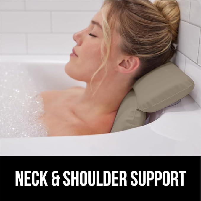 GORILLA GRIP Bath Pillow for Tub, Strong Suction Cups, Luxury Bathtub Pillows, Headrest Neck and Back Support, Relaxing Hot Tub and Home Spa Accessories, Bathroom Essentials, Gifts for Women, Beige