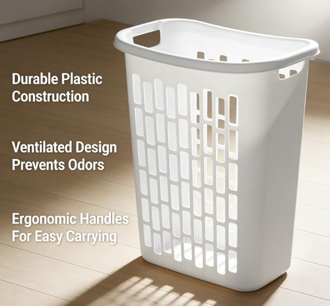 Slim Rectangular Laundry Hamper, Open Top Plastic Basket for Small Spaces, Modern style, sturdy and durable, White