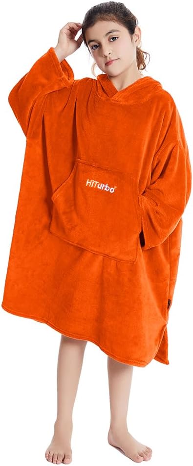 Hiturbo Kids Towel Changing Robe: Soft Plush Wearable Blanket - Warm Coral Fleece Hoodie - Swim Surf Poncho for 5-12 Years (Orange)