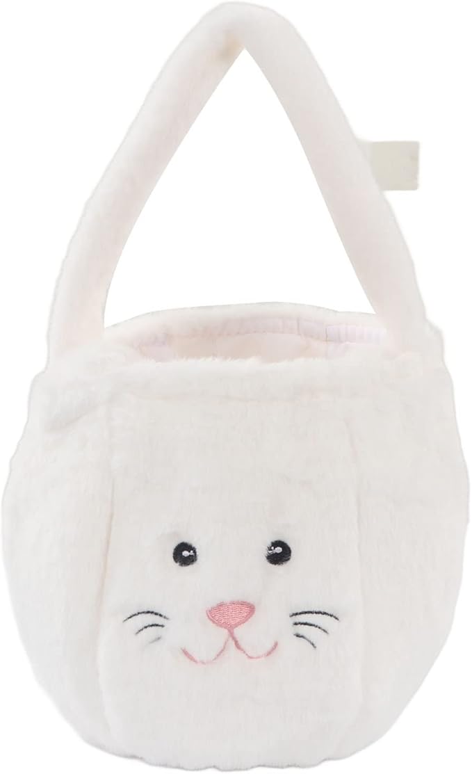 Spryflower Plush Easter Bunny Basket, Children Easter Basket, Cute Cartoon Long Ears Bunny Egg Basket, Soft Plush Easter Gift Bag for Kids, Perfect for Easter Egg Hunt and Family Gath (White)