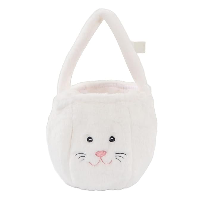 Plush Easter Bunny Basket, Children Easter Basket, Cute Cartoon Bunny Bag with Long Ears, Soft Plush Easter Egg Collector for Kids Easter Party Gift (White)