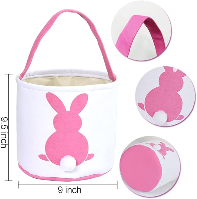 3 Pcs Easter Bunny Basket Bags for Kids - Canvas Cotton Carrying Gift and Eggs Hunt Bag, Fluffy Tails Printed Rabbit Toys Bucket Tote for Girls & Boys (Pink, Purple, Blue)