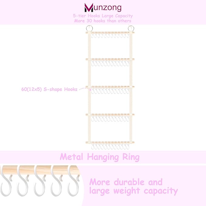 Munzong Headband Holder 52x17 inch, 2 Pack Bow Organizers for Baby Girls, Large Nursery Wall Hanging Back Door Bow Holder Shelf w/ 60 Hooks, 5 Tier Hair Accessories Organizer Storage for Toddler Kids