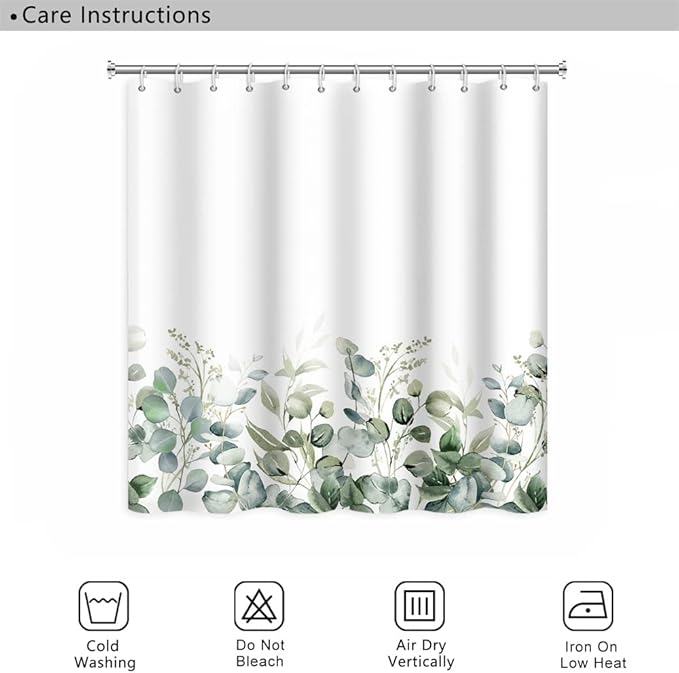 Green Eucalyptus Leaves Shower Curtain Spring Leaf Wild Nature Plants for Bathroom Farmhouse Style Home Decor Waterproof Polyester Fabric Shower Curtain with Hooks, 72x84 Inch