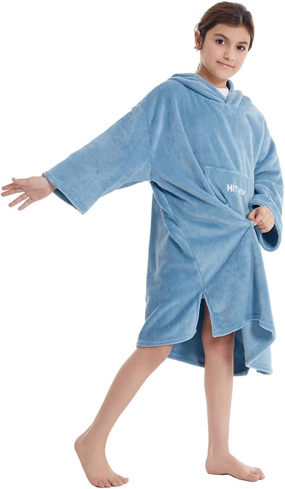 Hiturbo Kids Towel Changing Robe: Soft Plush Wearable Blanket - Warm Coral Fleece Hoodie - Swim Surf Poncho for 5-12 Years (Blue)