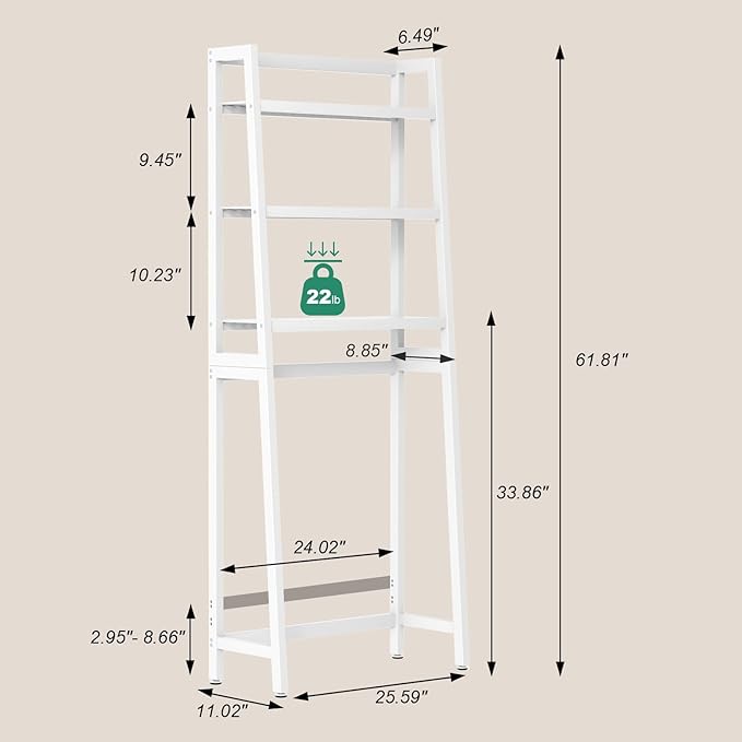 VASMIA Over The Toilet Storage,Bamboo 3-Tier Bathroom Organizer Over Toilet Storage Cabinet,Freestanding Space Saver with 3 Hooks White