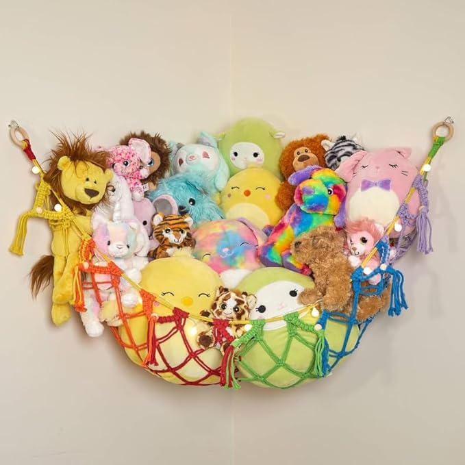 Lilly's Love Stuffed Animal Storage Macrame Hammock w/String Lights - Large, 2 Pack - Boho Decor Toy Storage - Corner Hanging Plushie Stuffed Animal Net Organizer (Rainbow)