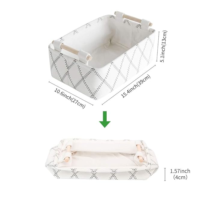 Decorative Collapsible Rectangular Fabric Storage Bin Organizer Basket with Wooden Handles for Clothes Storage,15.4x10.6x5.1 inch,White
