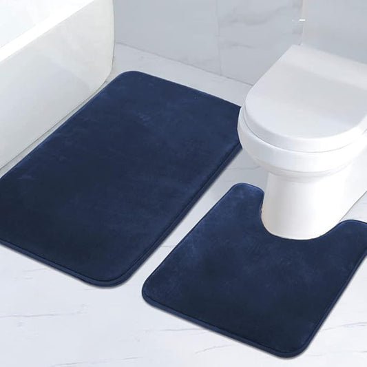 H.VERSAILTEX Bath Mat Memory Foam Set Bathroom Rug Set Flannel Velvety Bath Mat Luxury Extra Soft and Absorbent Non Slip Rugs for Bathroom/Bedroom Washable(Curved Set 24"x 36" Plus 20"x 24"U, Navy)
