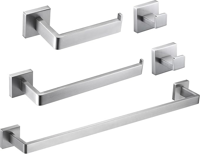 5 Pieces Brushed Nickel Bathroom Hardware Set Include 24inch Towel Bar,2pcsTowel Hooks,Toilet Paper Holder Square SUS304 Stainless Steel Bathroom Accessories Set Heavy Duty Wall Mounted
