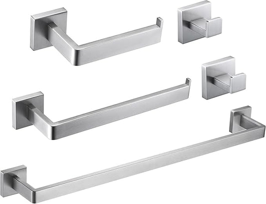 5 Pieces Brushed Nickel Bathroom Hardware Set Include 24inch Towel Bar,2pcsTowel Hooks,Toilet Paper Holder Square SUS304 Stainless Steel Bathroom Accessories Set Heavy Duty Wall Mounted