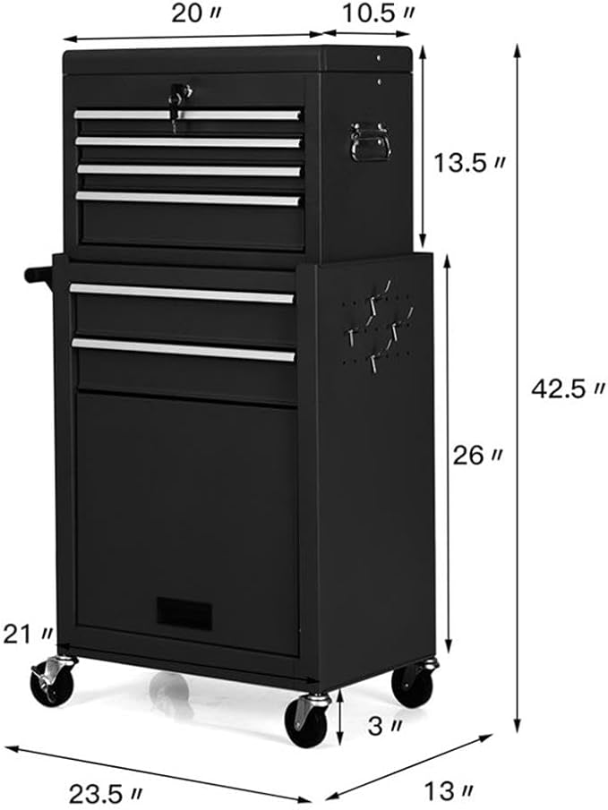 Pemberly Row Rolling Cabinet Storage Chest Organizer, Steel Construction, Black Powder-Coated Finish, 6 Drawers with Lockable Compartments, Swivel Casters with Brakes, Tool Storage for Garages and