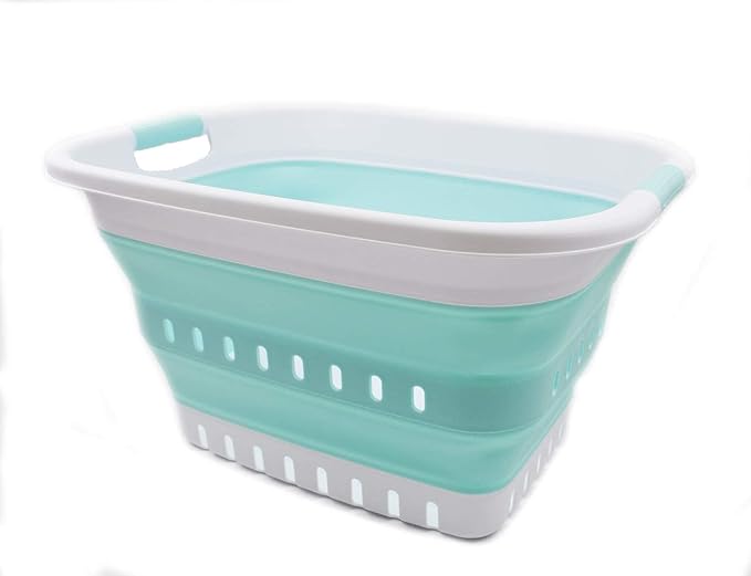 SAMMART 37L (9.77 gallon) Collapsible Plastic Laundry Basket - Foldable Pop Up Storage Container/Organizer - Space Saving Hamper/Basket (1, White/Lake Green)