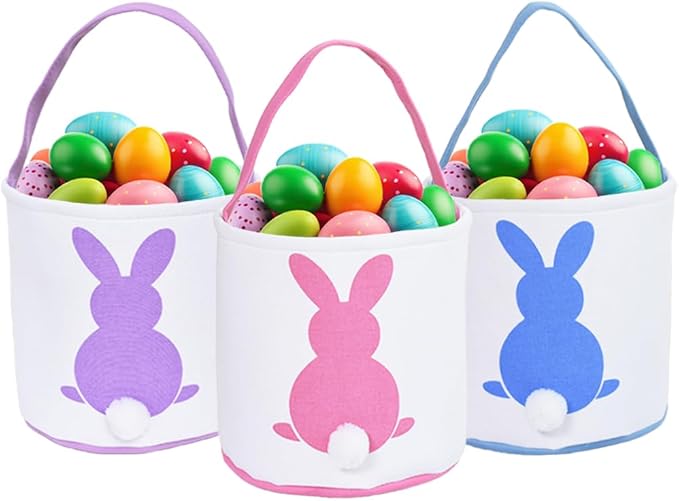 3 Pcs Easter Bunny Basket Bags for Kids - Canvas Cotton Carrying Gift and Eggs Hunt Bag, Fluffy Tails Printed Rabbit Toys Bucket Tote for Girls & Boys (Pink, Purple, Blue)