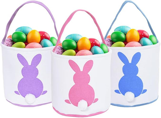 3 Pcs Easter Bunny Basket Bags for Kids - Canvas Cotton Carrying Gift and Eggs Hunt Bag, Fluffy Tails Printed Rabbit Toys Bucket Tote for Girls & Boys (Pink, Purple, Blue)