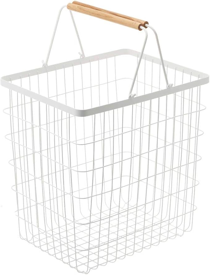 Yamazaki Home Tosca Laundry Basket - Laundry Basket With Wooden Handles - Large, 15" - Steel + Wood - 8.7 Gallons, 33 Liters