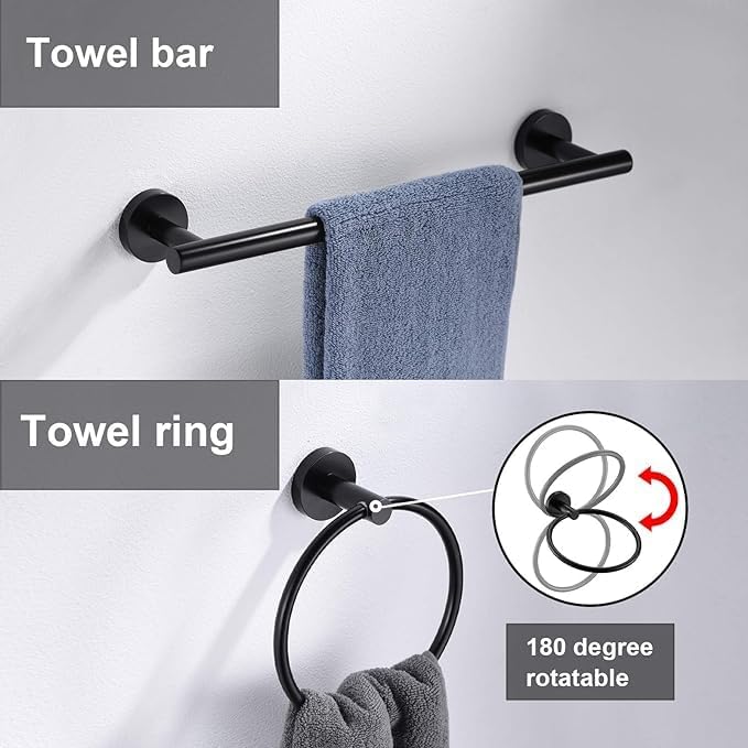 12 Pieces Matte Black Bathroom Hardware Accessories Set Hand Towel Ring 16&23.6 inch Round Towel Bar Toilet Paper Holder Towel Hooks 4 Pieces SUS 304 Stainless Steel,Heavy Duty,Wall Mounted