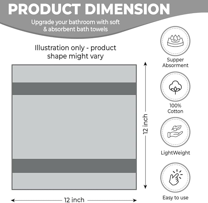 100% Cotton Washcloth Set – Soft, Absorbent Face Towels for Bathroom & Gym Use –Reusable, Durable & Machine Washable - Dark Grey, White & Light Grey, 12x12 Inches, Pack of 12