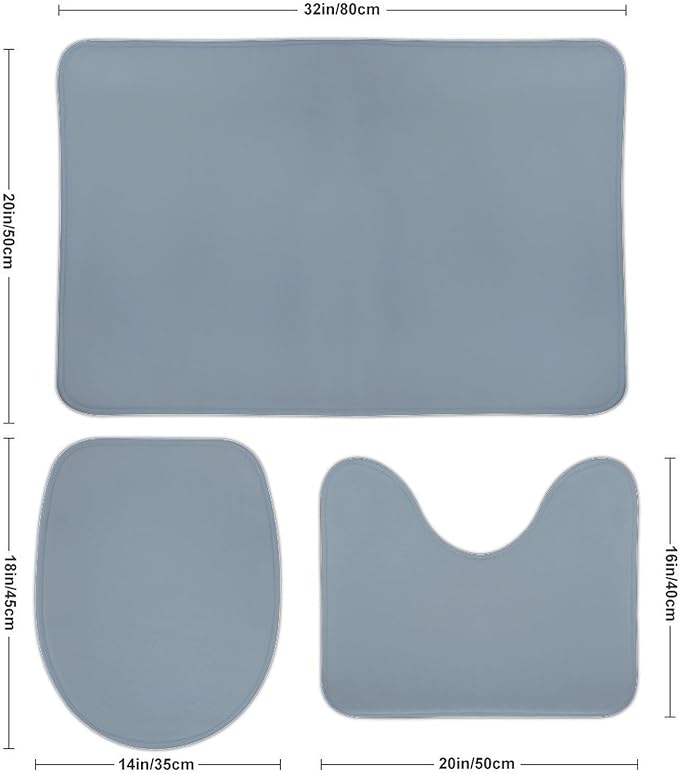 3 Pieces Bath Rug Sets, Dusty Blue Color Bathroom Mat Set Non Slip U Shaped Contour Rug & Toilet Lid Cover