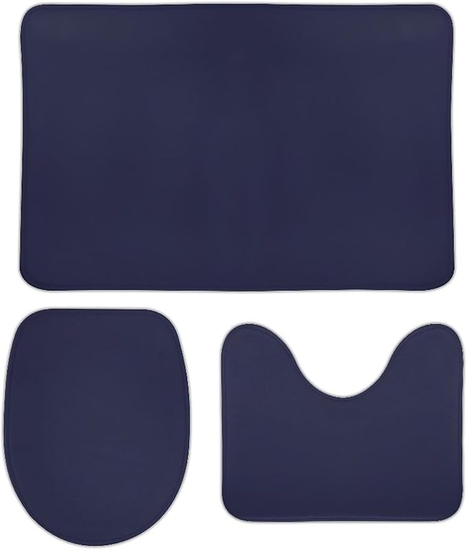 3 Pieces Bath Rug Sets, Navy Blue Modern Bathroom Mat Set Non Slip U Shaped Contour Rug & Toilet Lid Cover