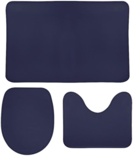 3 Pieces Bath Rug Sets, Navy Blue Modern Bathroom Mat Set Non Slip U Shaped Contour Rug & Toilet Lid Cover