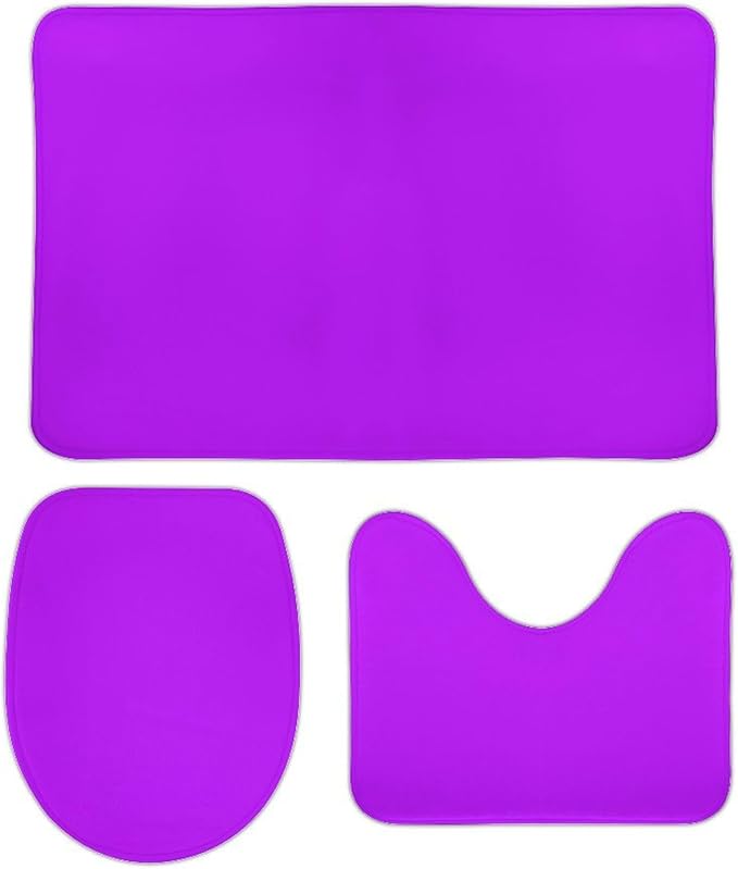 3 Pieces Bath Rug Sets, Neon Purple Elegant Bathroom Mat Set Non Slip U Shaped Contour Rug & Toilet Lid Cover