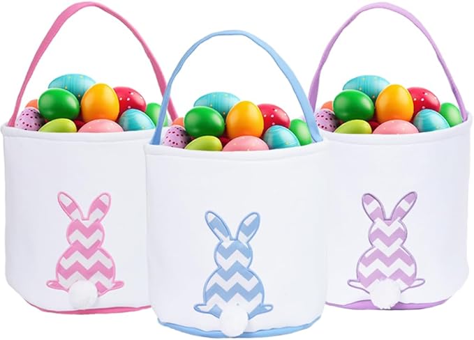 3 PCS Easter Bunny Basket - Canvas Cotton Easter Eggs Basket with Fluffy Tails - Perfect for Girls & Boys Easter Egg Hunts - Easter Baskets for Kids (Pink, Purple, Blue)