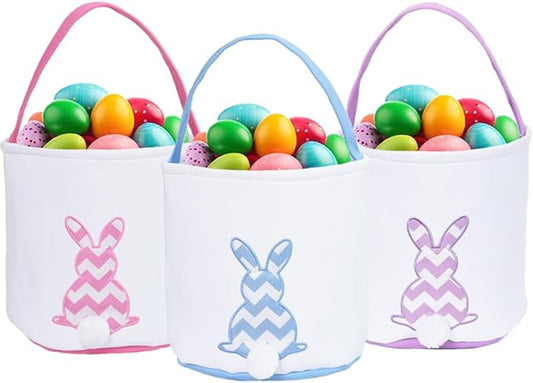 3 PCS Easter Bunny Basket - Canvas Cotton Easter Eggs Basket with Fluffy Tails - Perfect for Girls & Boys Easter Egg Hunts - Easter Baskets for Kids (Pink, Purple, Blue)