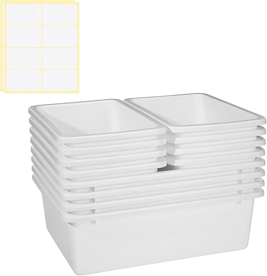 Zonon 12 Pcs Plastic Cubby Bins Office Storage Container Storage Bins Plastic Organization with 1 Pack Self Adhesive Label for Library Office Home Nursery(White)