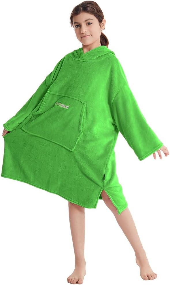 Hiturbo Kids Towel Changing Robe: Soft Plush Wearable Blanket - Warm Coral Fleece Hoodie - Swim Surf Poncho for 5-12 Years (Green)