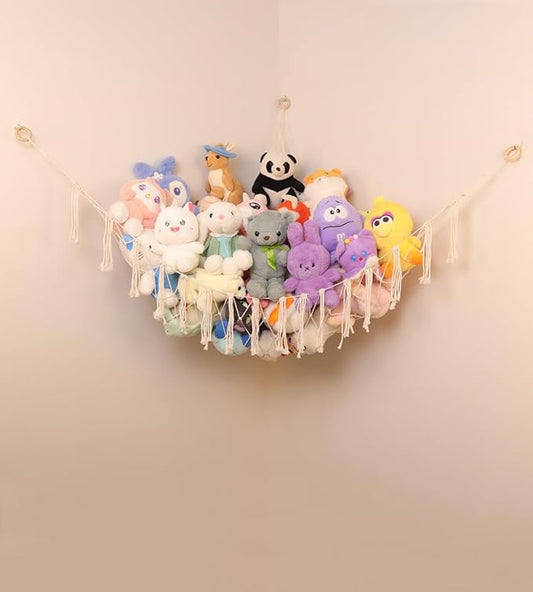 Stuffed Animal Storage Hammock or Net, Large Toy Hammock Net, Macrame Handmade Corner Hanging Plushie Net, Cute Boho Toy Organizer for Nursery, Playroom, Bedroom and Kids Room Decoration