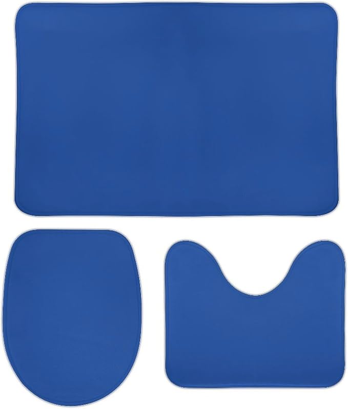 3 Pieces Bath Rug Sets, Royal Blue Trend Color Bathroom Mat Set Non Slip U Shaped Contour Rug & Toilet Lid Cover