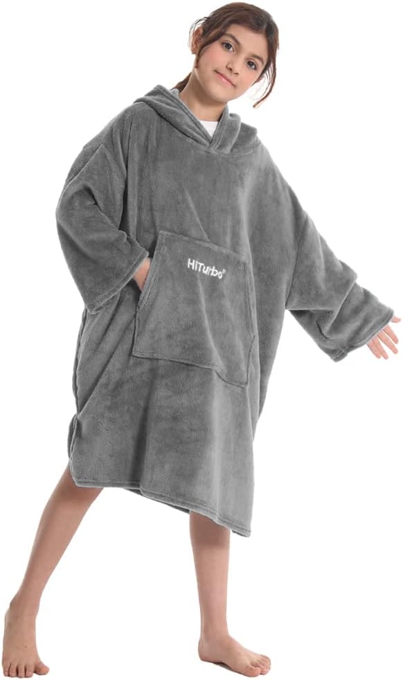Hiturbo Kids Towel Changing Robe: Soft Plush Wearable Blanket - Warm Coral Fleece Hoodie - Swim Surf Poncho for 5-12 Years (Gray)