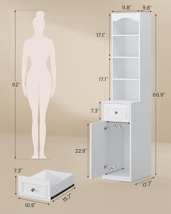 67" Tall Bathroom Storage Cabinet, L-Shaped 6-Tier Narrow Storage Cabinet with Adjustable Shelf, Slim Bathroom Storage Cabinet for Bathroom, Living Room, Home Office, Entryway, White