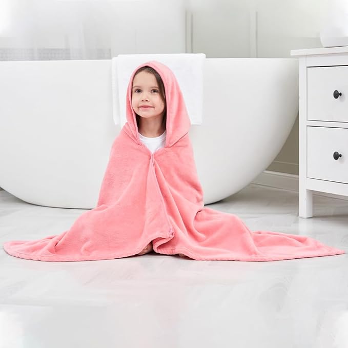 Hiturbo Kids Hooded Bath Towel: Soft Plush Pool Beach Fleece Towel Blanket - 50"x30" Toddler Towels Wrap for Boys Girls 3-12 Years (Pink)