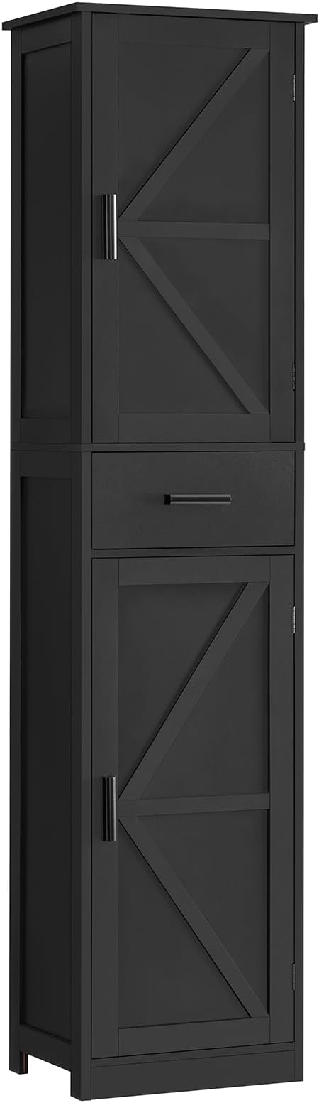 WEENFON Tall Bathroom Cabinet, Storage Cabinet with 6 Shelves & Drawer, Bathroom Storage Cabinet with Adjustable Shelves, Tall Cabinet for Living Room, Home Office, Black