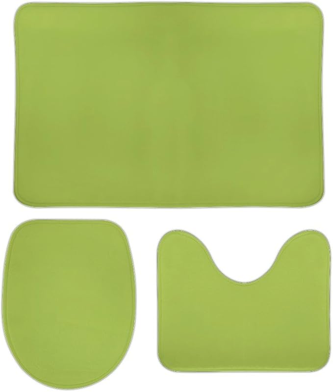 3 Pieces Bath Rug Sets, Lime Green Trend Color Bathroom Mat Set Non Slip U Shaped Contour Rug & Toilet Lid Cover