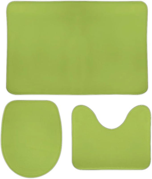 3 Pieces Bath Rug Sets, Lime Green Trend Color Bathroom Mat Set Non Slip U Shaped Contour Rug & Toilet Lid Cover