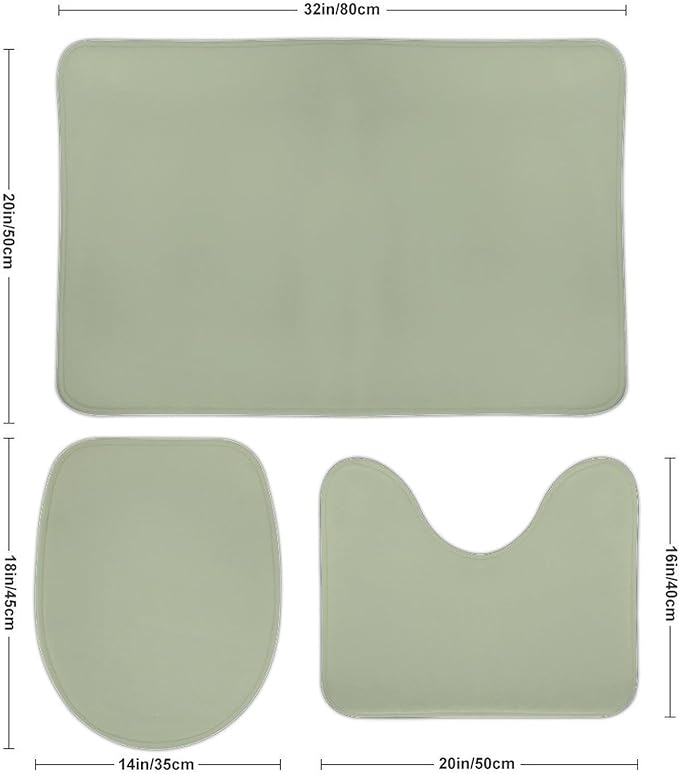3 Pieces Bath Rug Sets, Sage Green Trend Color Bathroom Mat Set Non Slip U Shaped Contour Rug & Toilet Lid Cover
