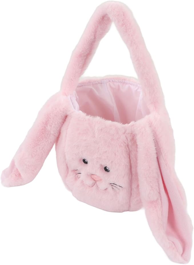 Spryflower Plush Easter Bunny Basket, Children Easter Basket, Cute Cartoon Long Ears Bunny Egg Basket, Soft Plush Easter Gift Bag for Kids, Perfect for Easter Egg Hunt and Family Gath (Pink)