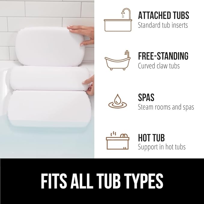 GORILLA GRIP Bath Pillow for Tub, Strong Suction Cups, Luxury Bathtub Pillows, Headrest Neck and Back Support, Relaxing Hot Tub and Home Spa Accessories, Bathroom Essentials, Gifts for Women, XL White