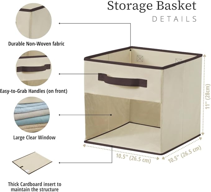 DECOMOMO Storage Bins, Cube Storage Bin with Window, Fabric Storage Cubes for Shelves (11" / 6pcs, Beige)