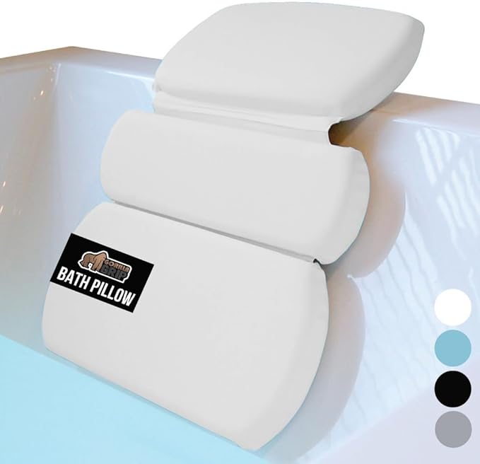 GORILLA GRIP Bath Pillow for Tub, Strong Suction Cups, Luxury Bathtub Pillows, Headrest Neck and Back Support, Relaxing Hot Tub and Home Spa Accessories, Bathroom Essentials, Gifts for Women, XL White